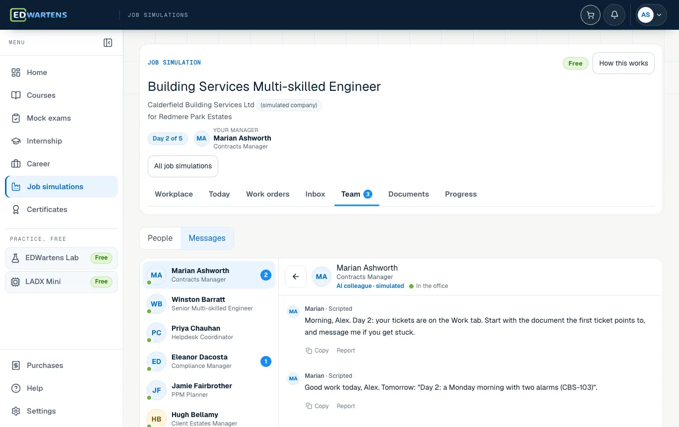 The Team screen of the Building Services Multi-skilled Engineer job simulation with a chat open with an AI colleague