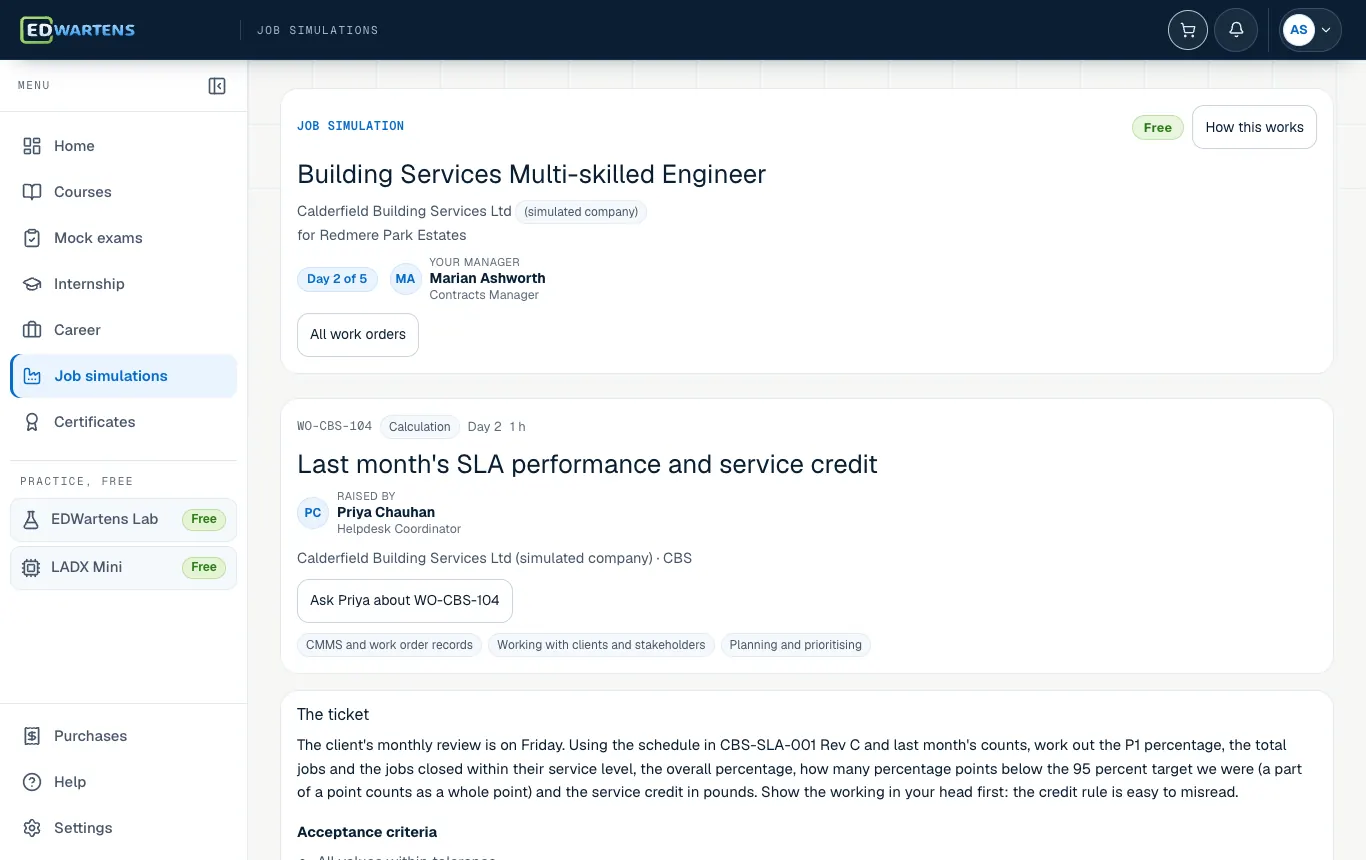 A ticket in the Building Services Multi-skilled Engineer job simulation with its brief and acceptance points