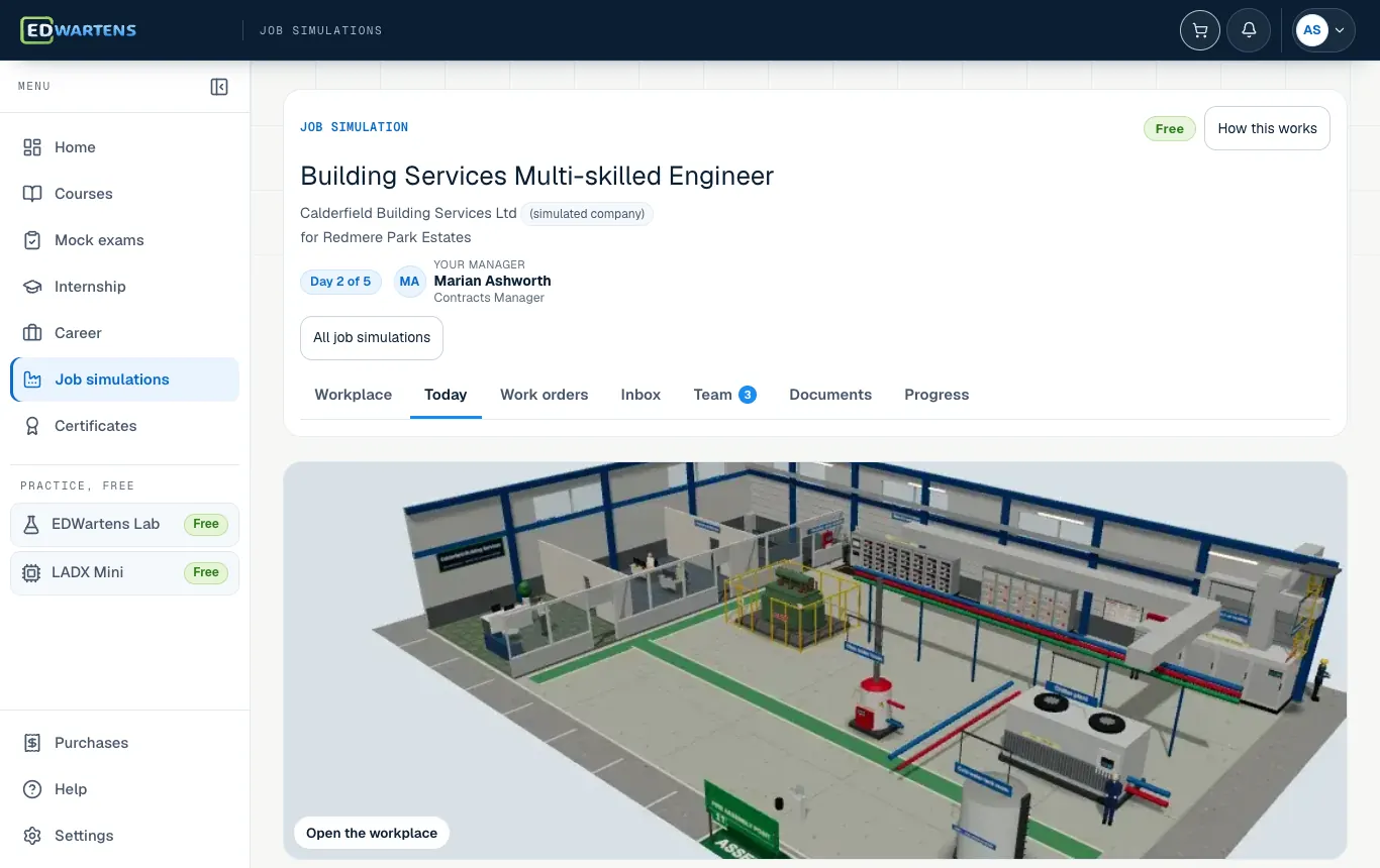 The Today screen of the Building Services Multi-skilled Engineer job simulation: the morning email and the day's tickets