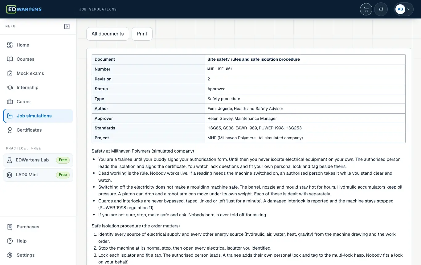 A project document in the Maintenance Technician job simulation with number, revision and status