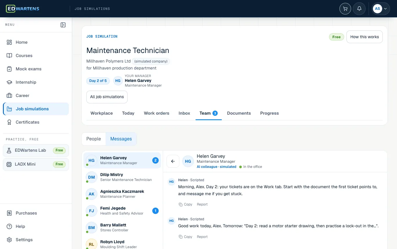 The Team screen of the Maintenance Technician job simulation with a chat open with an AI colleague