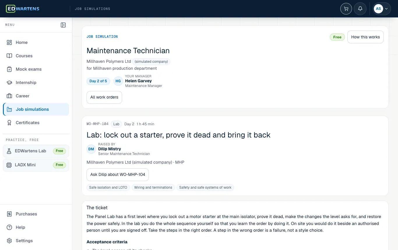 A ticket in the Maintenance Technician job simulation with its brief and acceptance points