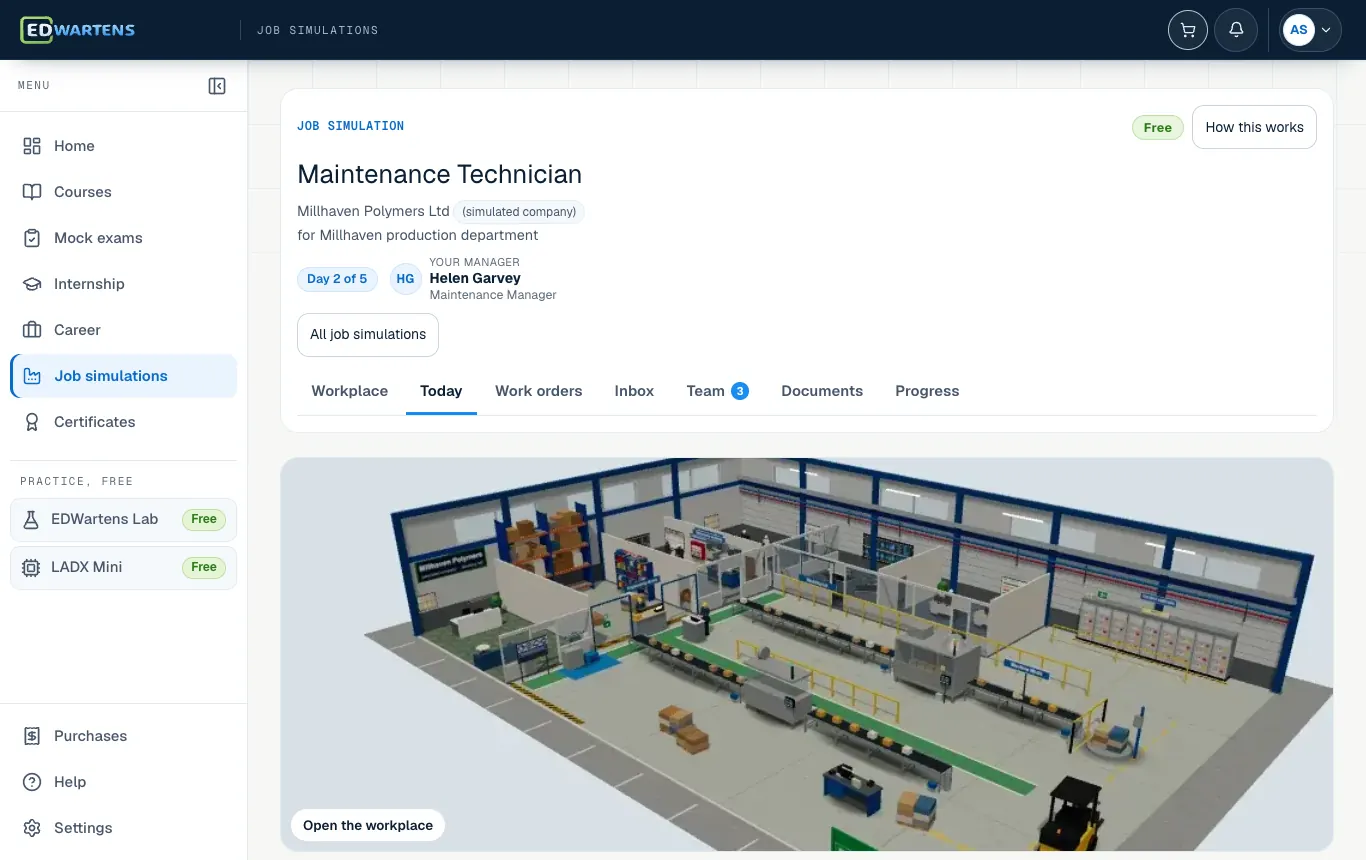The Today screen of the Maintenance Technician job simulation: the morning email and the day's tickets