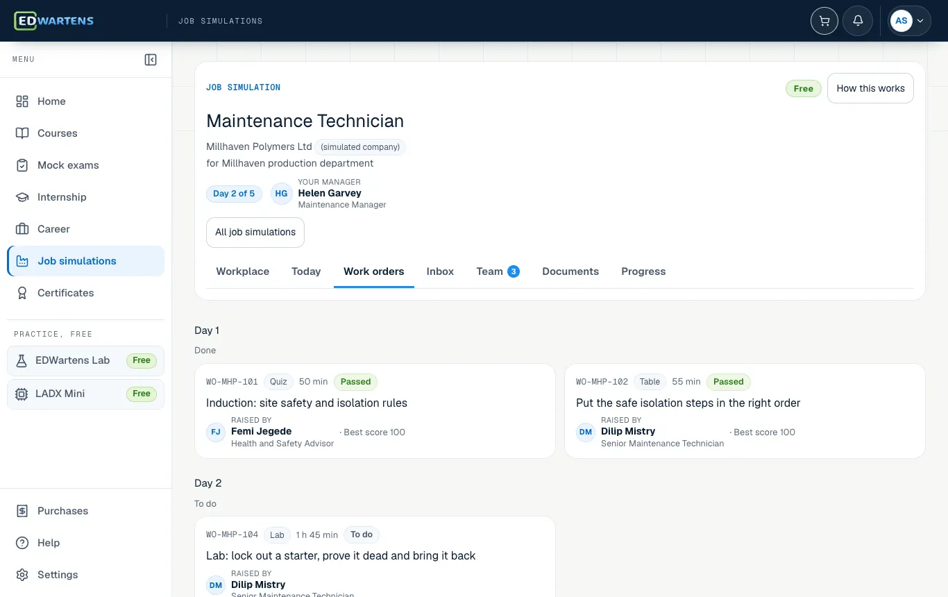 The Work screen of the Maintenance Technician job simulation, listing tickets by day