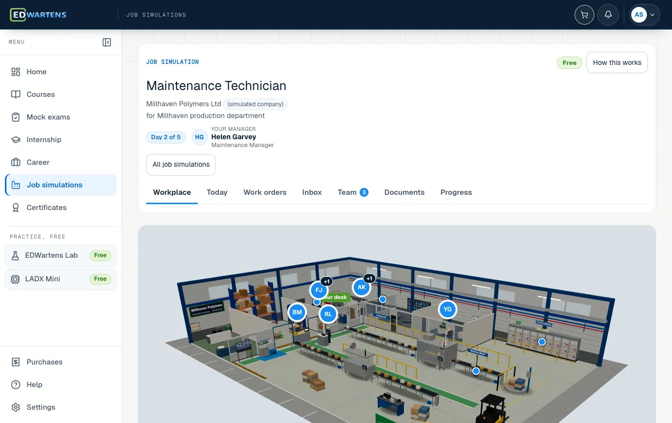 The workplace of the simulated company in the Maintenance Technician job simulation