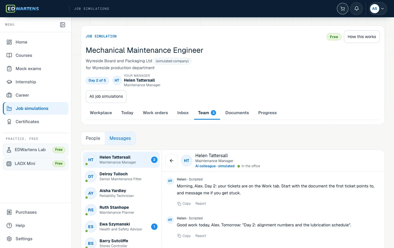 The Team screen of the Mechanical Maintenance Engineer job simulation with a chat open with an AI colleague