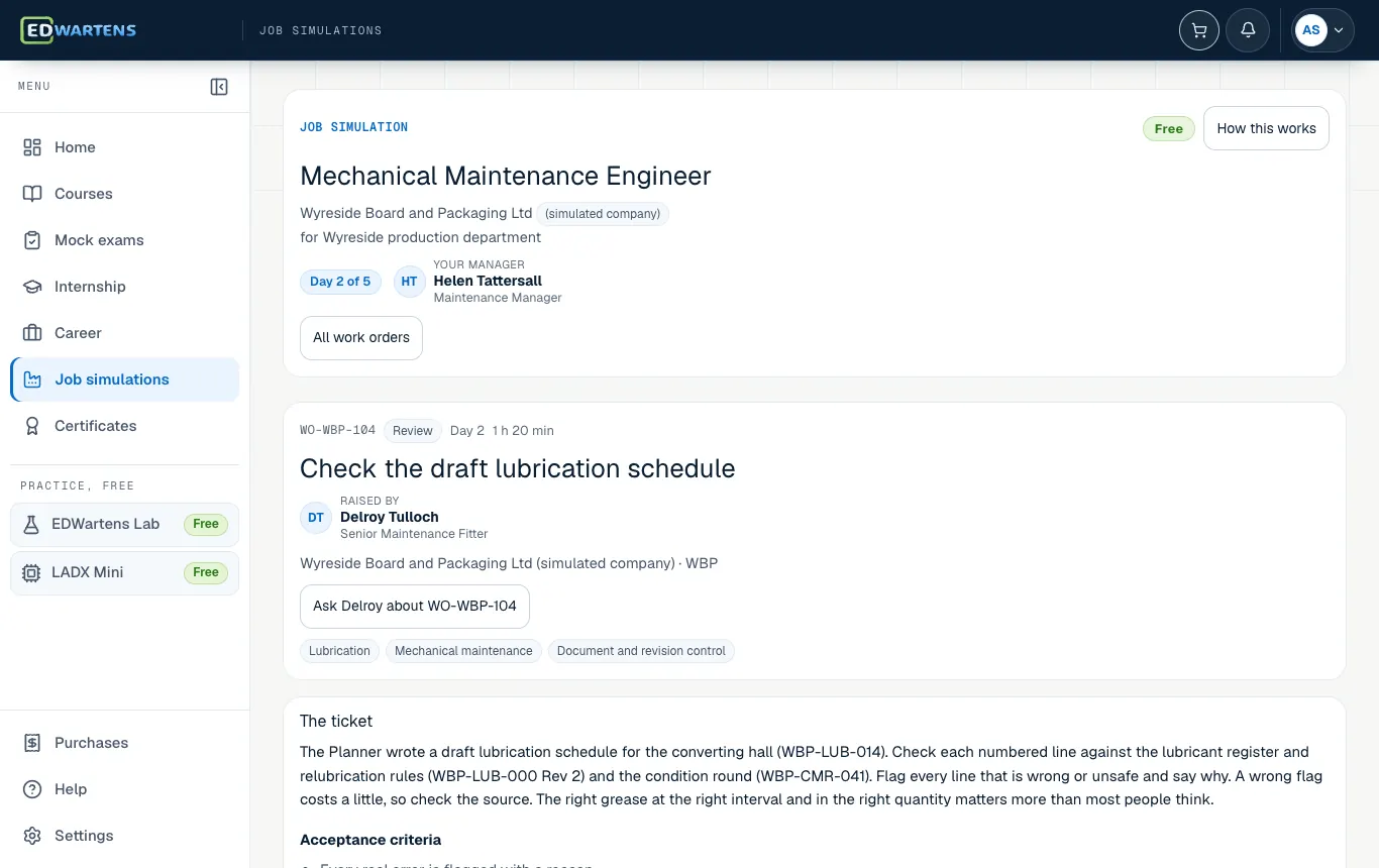 A ticket in the Mechanical Maintenance Engineer job simulation with its brief and acceptance points