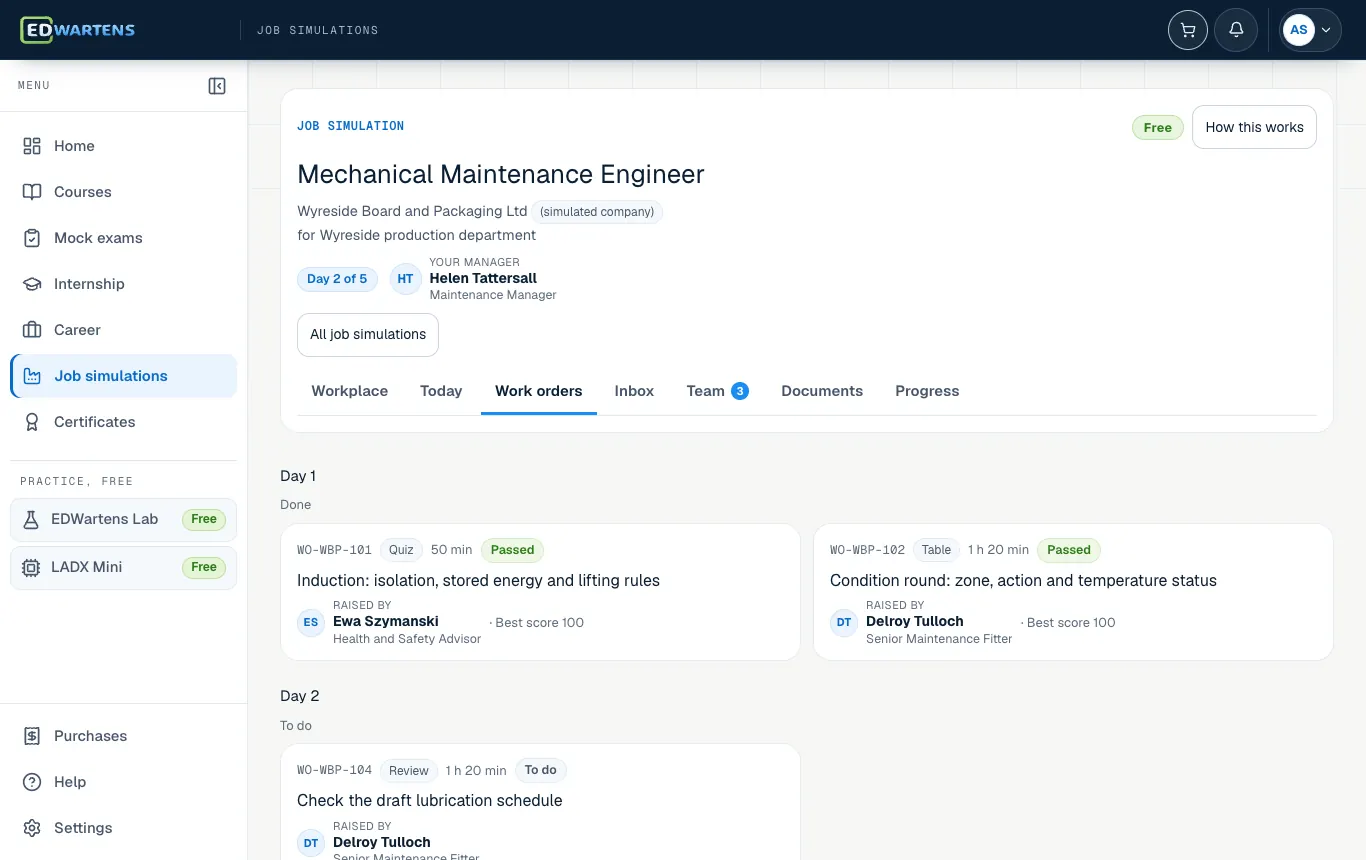 The Work screen of the Mechanical Maintenance Engineer job simulation, listing tickets by day