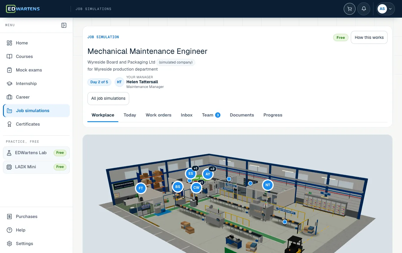 The workplace of the simulated company in the Mechanical Maintenance Engineer job simulation