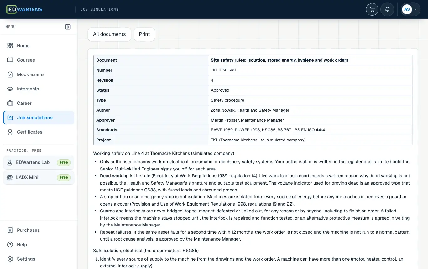 A project document in the Multi-skilled Maintenance Engineer job simulation with number, revision and status
