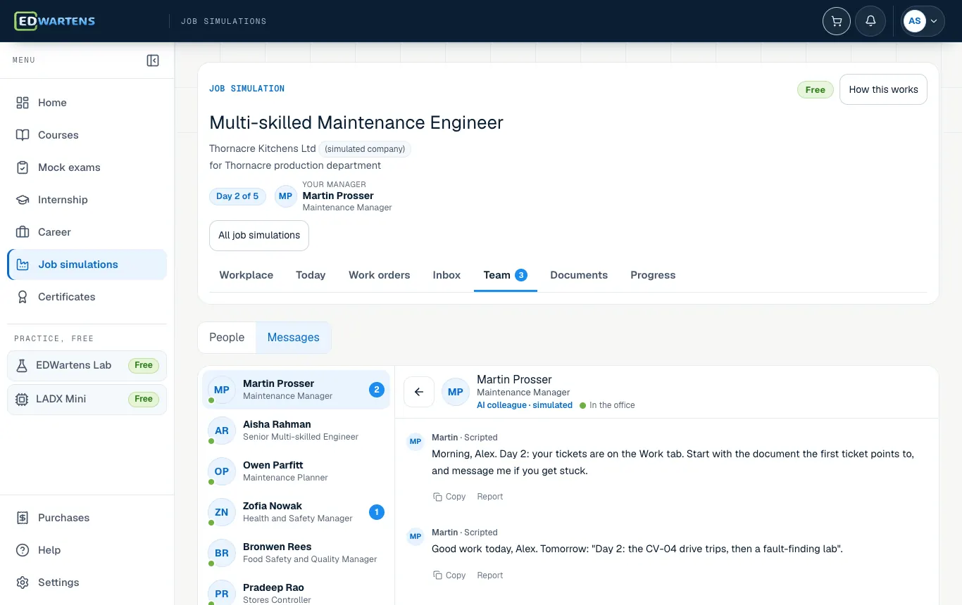The Team screen of the Multi-skilled Maintenance Engineer job simulation with a chat open with an AI colleague