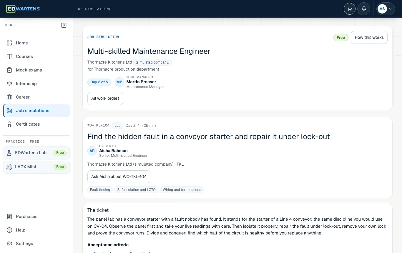A ticket in the Multi-skilled Maintenance Engineer job simulation with its brief and acceptance points