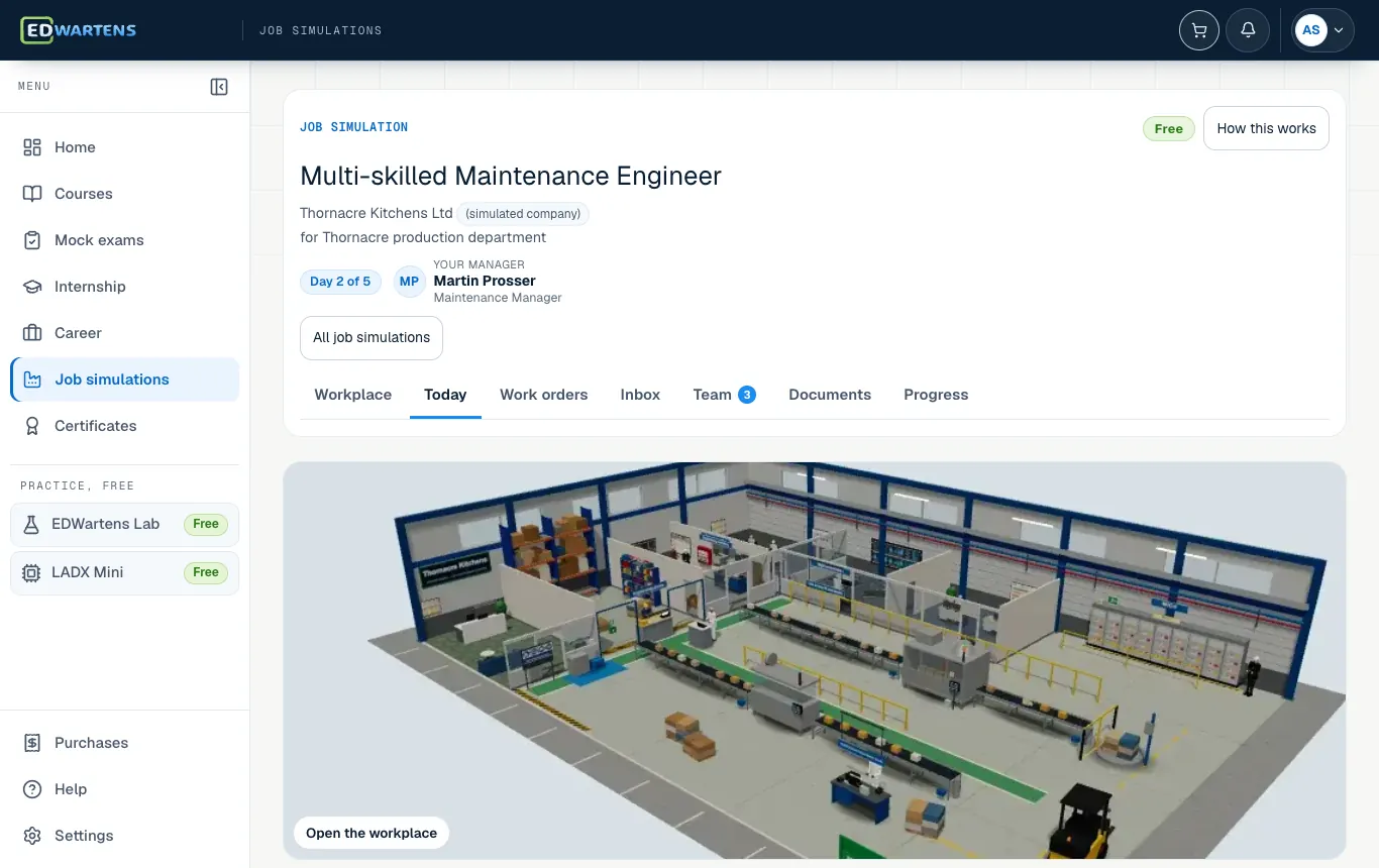 The Today screen of the Multi-skilled Maintenance Engineer job simulation: the morning email and the day's tickets