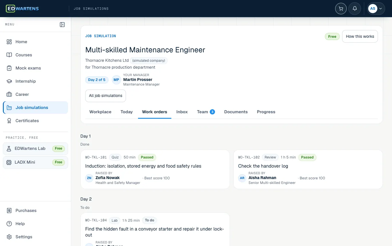 The Work screen of the Multi-skilled Maintenance Engineer job simulation, listing tickets by day